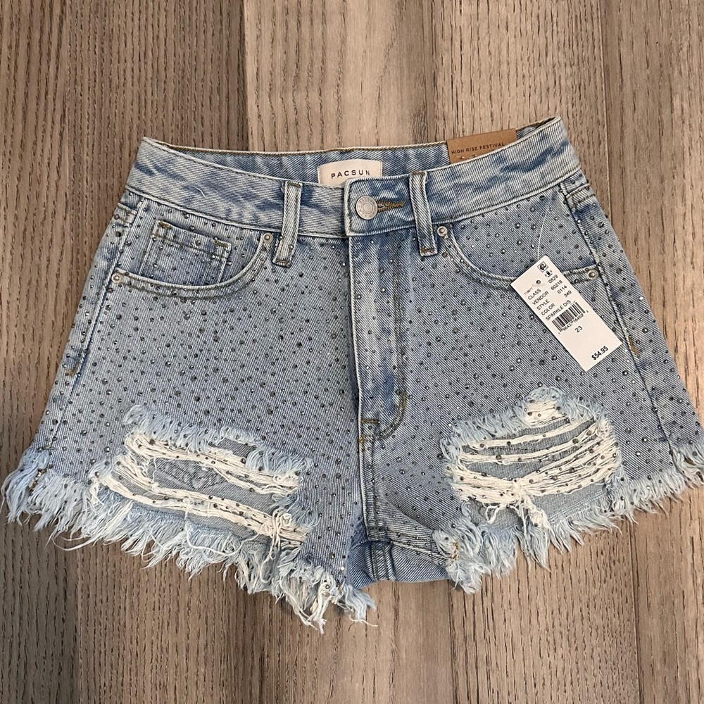 Pac Sun - High Rise Denim Sparkle Shorts